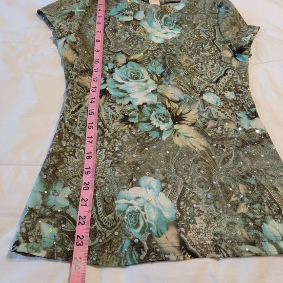 Judy Jr. Women's size small short sleeve see-through floral shirt with sparkles - Picture 5 of 12
